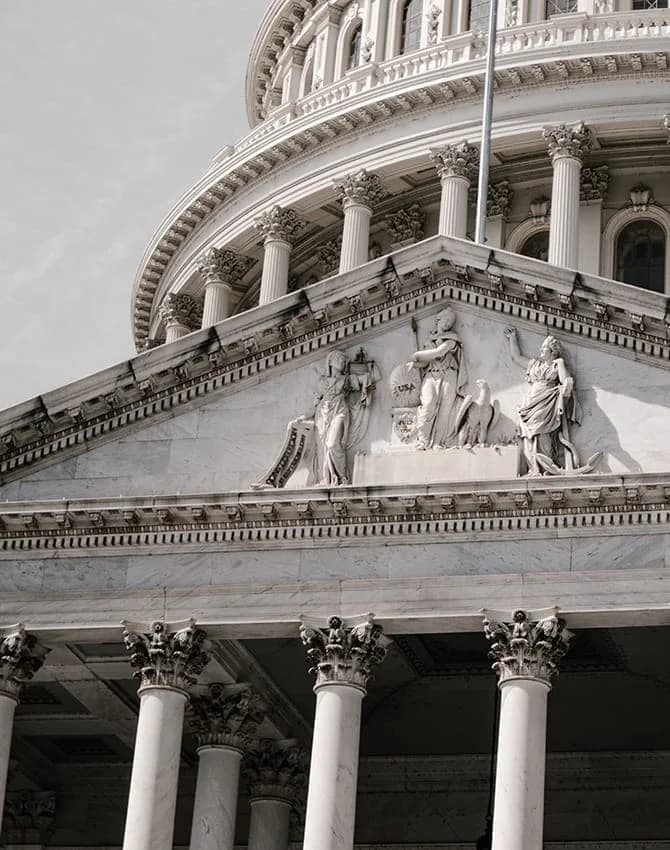 Sculpted marble pediment and columns of a courthouse